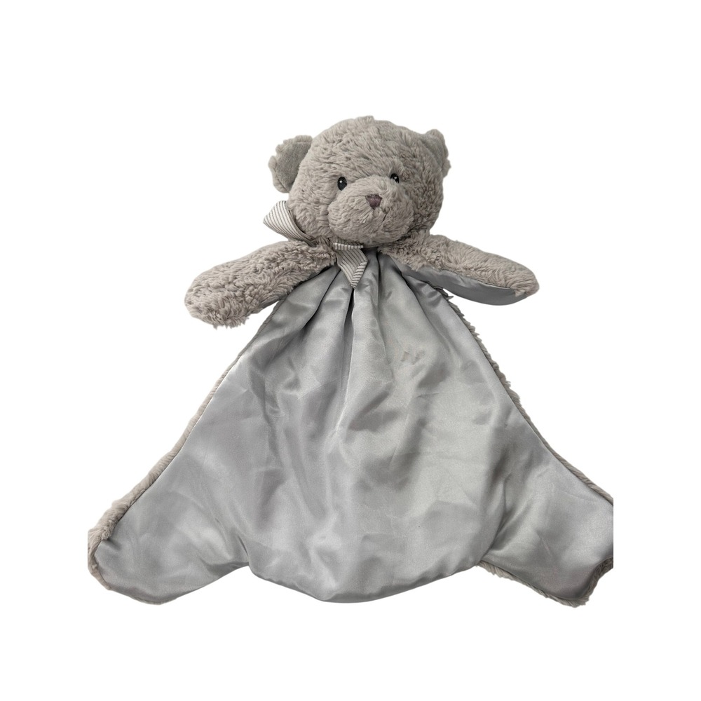 Plush Teddy Bear Security Blanket Lovey Gray Satin Lined Stuffed Animal Kids Toy